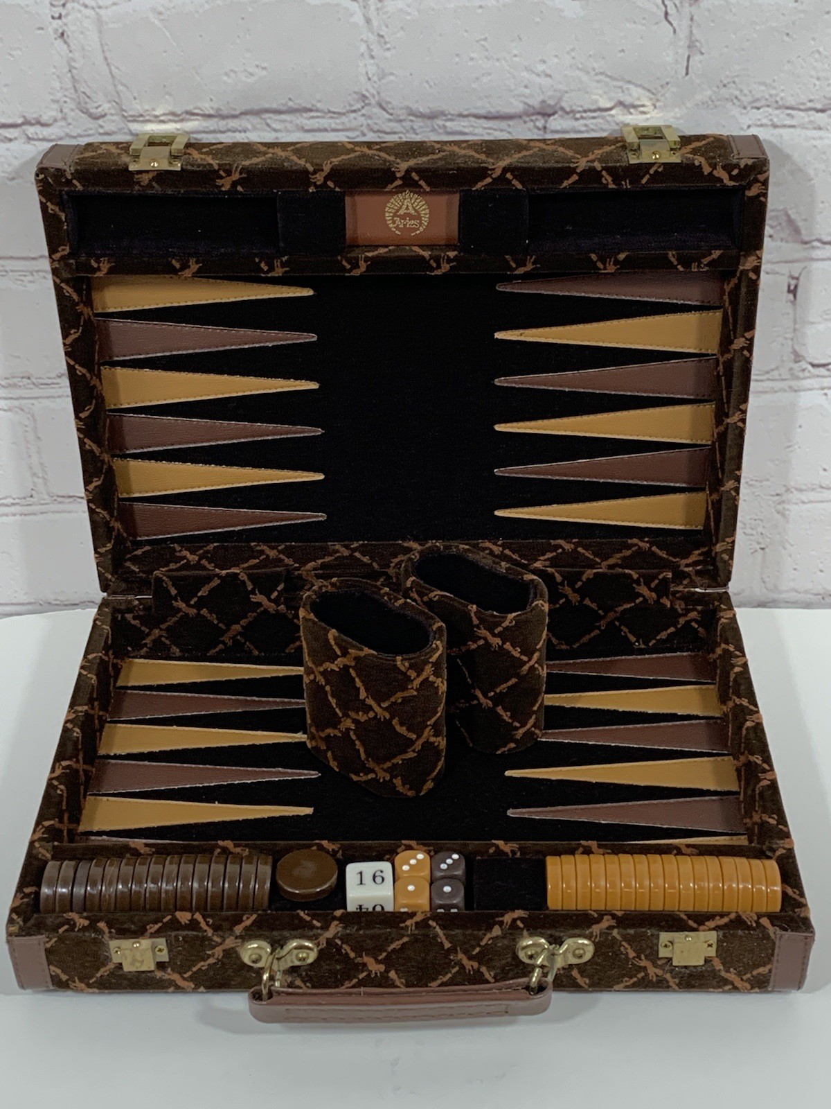 VTG Aries Of Beverly Hills Rare Longchamp Brown Velvet Travel Backgammon Set