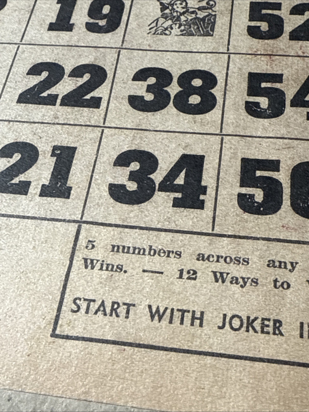 1930s Lg heavy Double BINGO Card Vtg Joker Center USA 12 Ways to Win