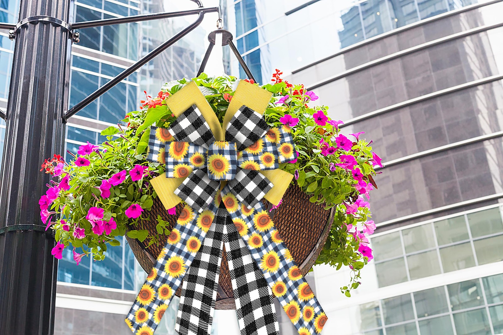 ABTOLS Large Spring Bows for Wreath, Black White Buffalo Plaid Sunflower