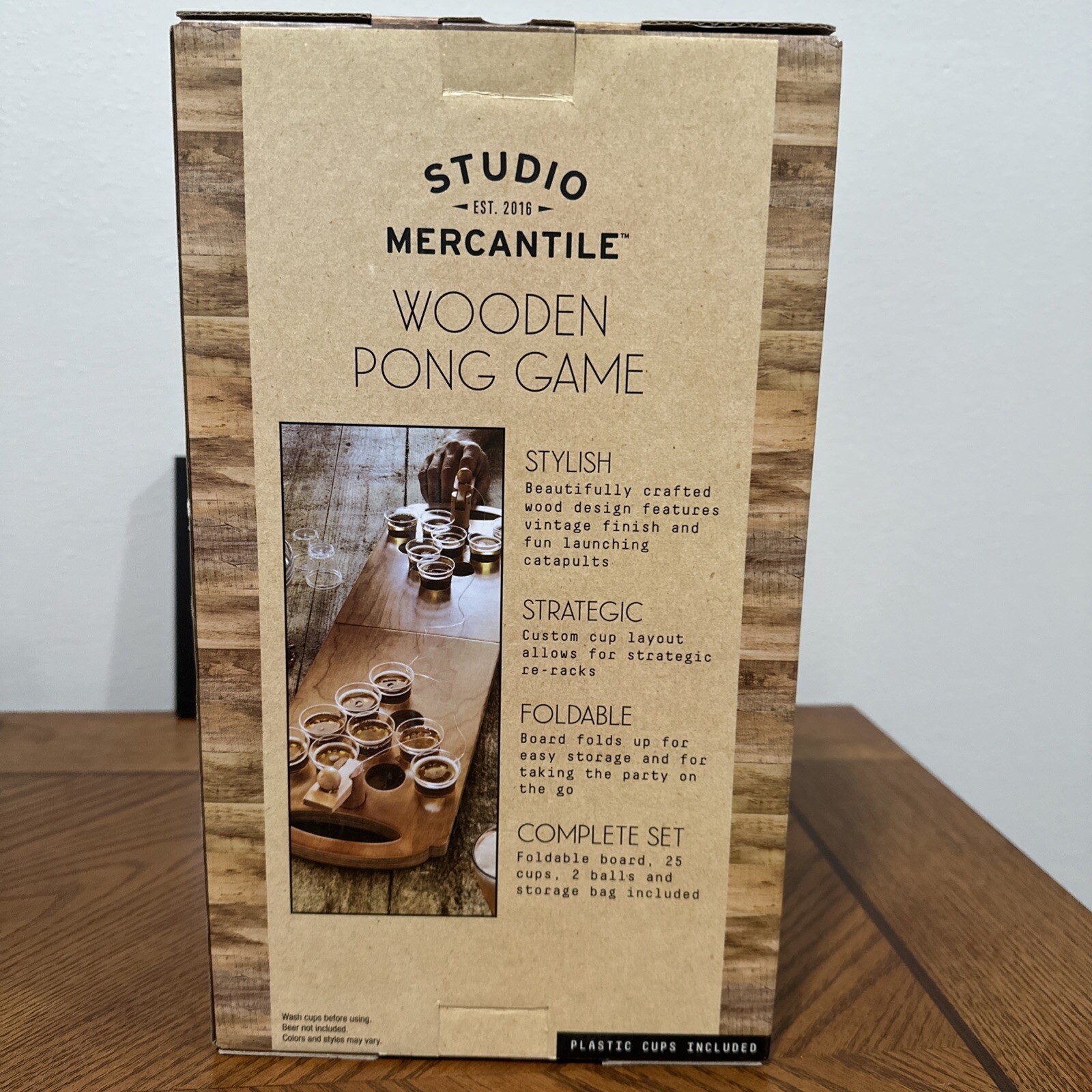 Portable Wooden Mini Beer Pong Drinking Game, New in Box
