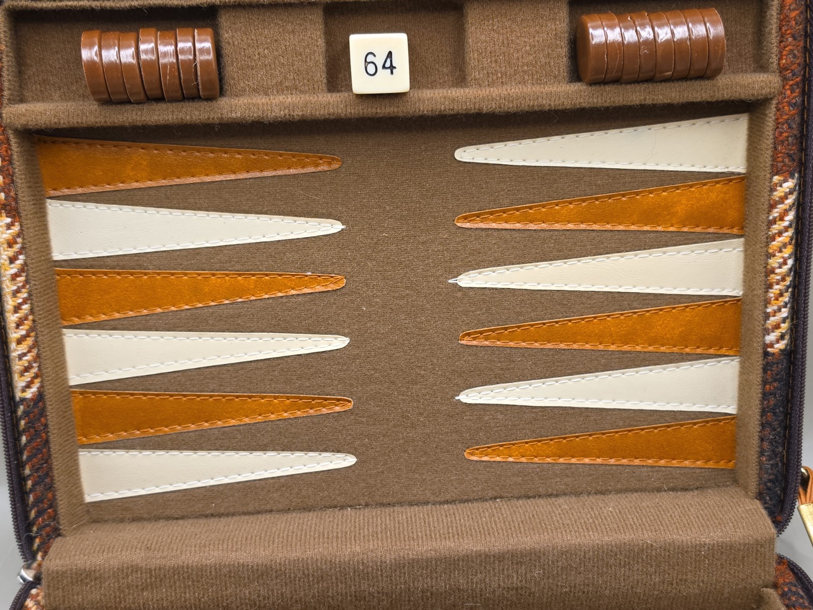 Vintage Backgammon Set Zippered Travel Case Brown Plaid Wool & Leather Complete