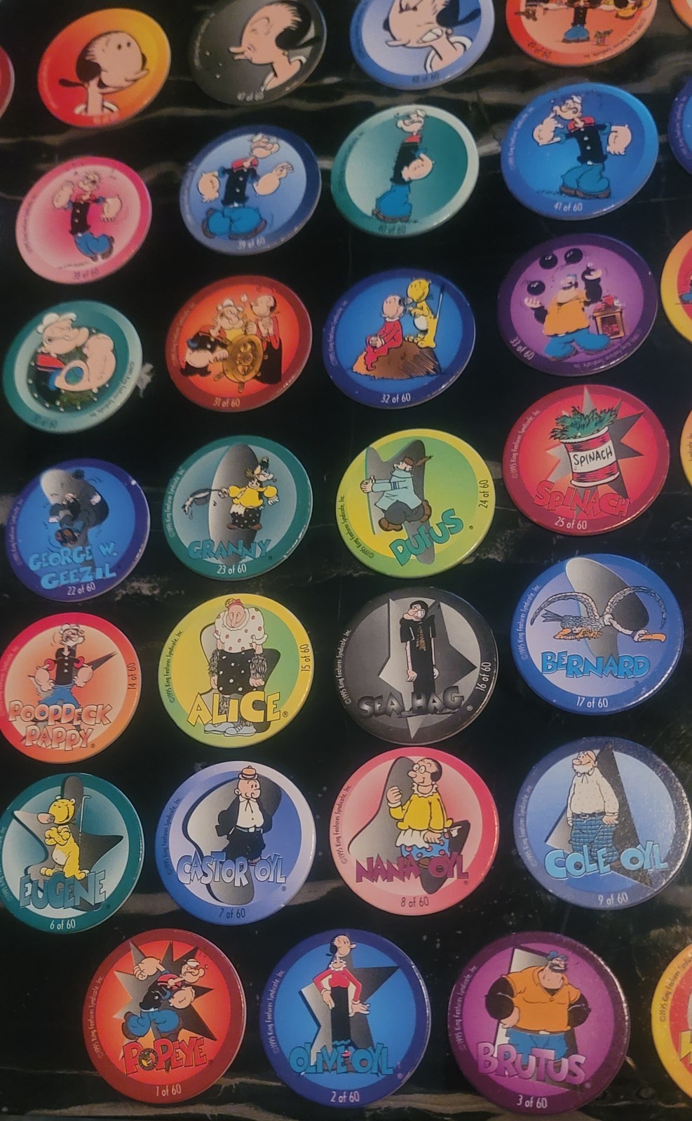 1995 Popeye POGs Complete Set (1–60) + Hot Pink Tube Vintage 90s Milk Cap Game
