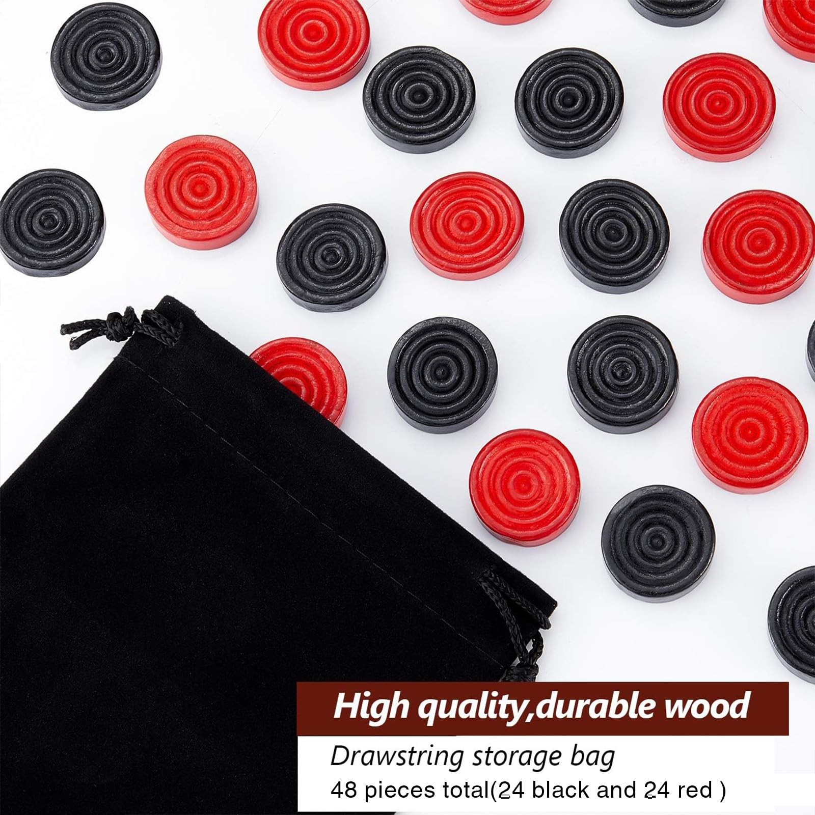 48 Pcs Wooden Checkers Pieces Stackable with Drawstring Storage Bag