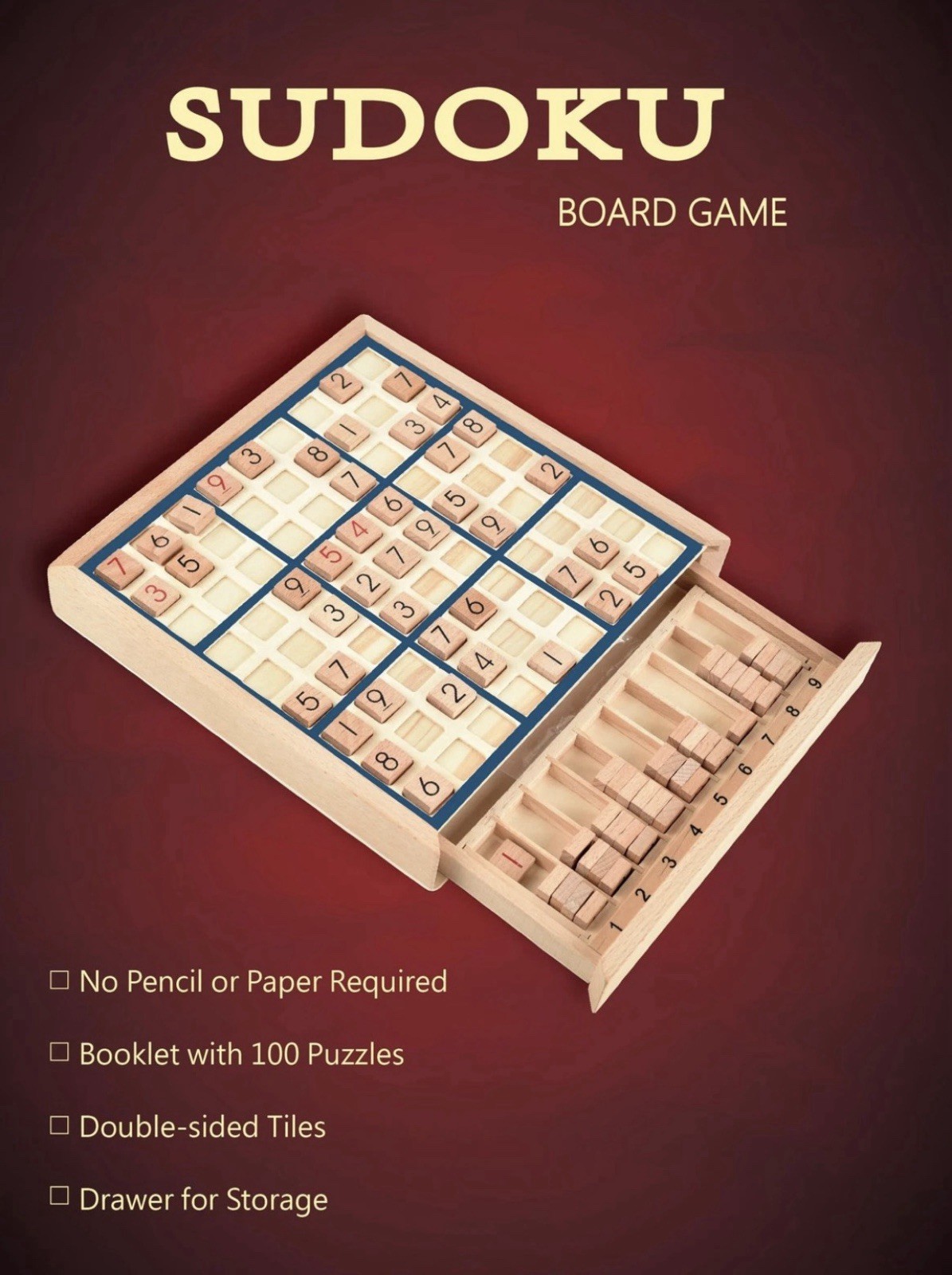 Wooden Sudoku Board Game with Drawer – 100 Puzzles Sudoku Book for Adults & Kids
