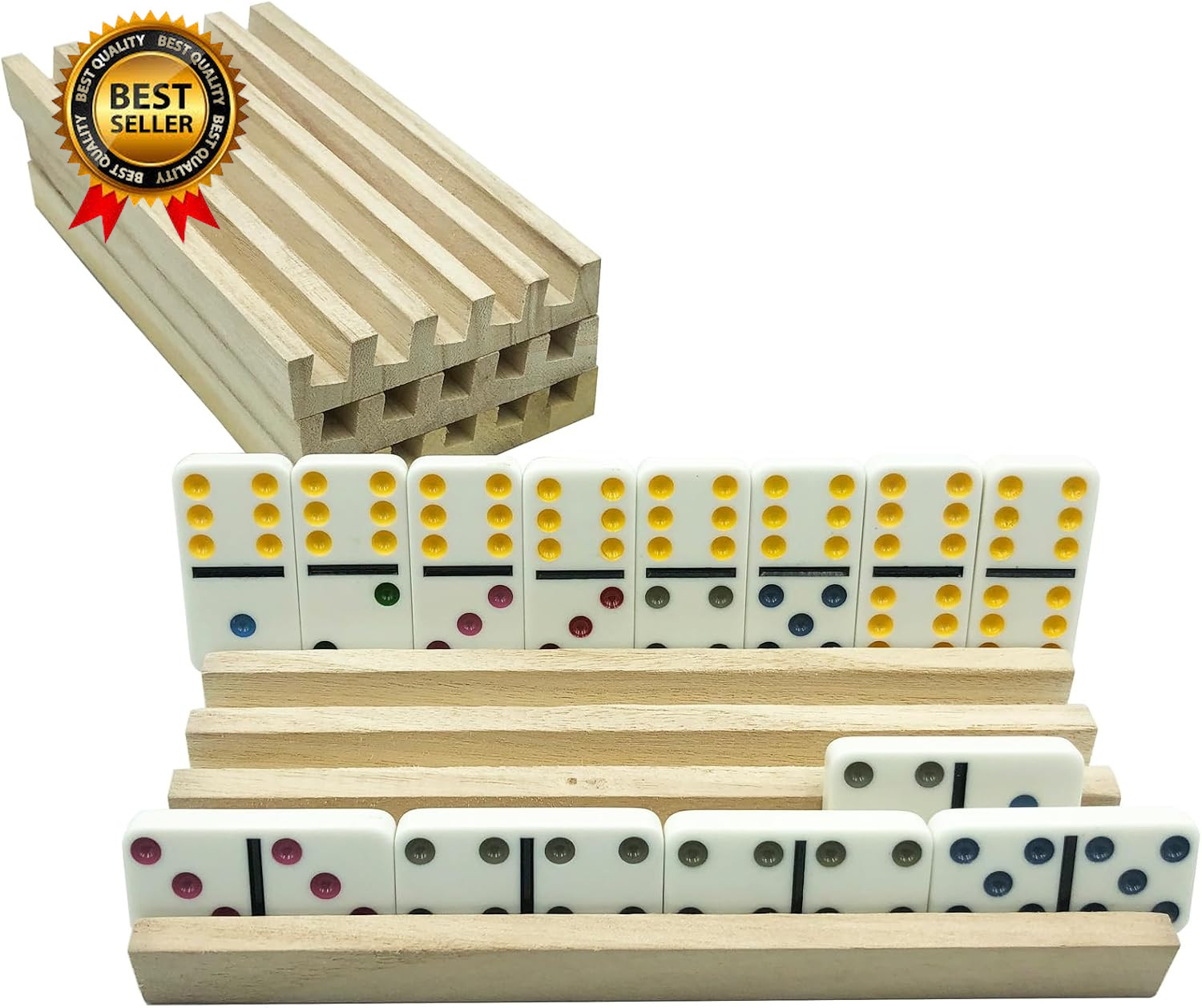 Domino Holder Trays Rack – Set of 4 Wooden Tiles Stand Holders for Mexican Train