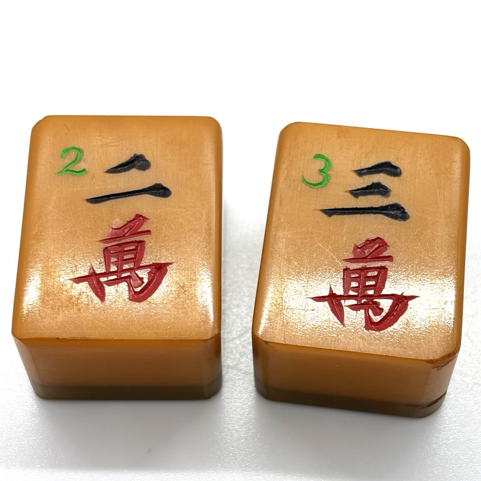 2 Bakelite MahJong Tile Pieces 2 and 3 Two Tone Stacked Butterscotch “Craks”