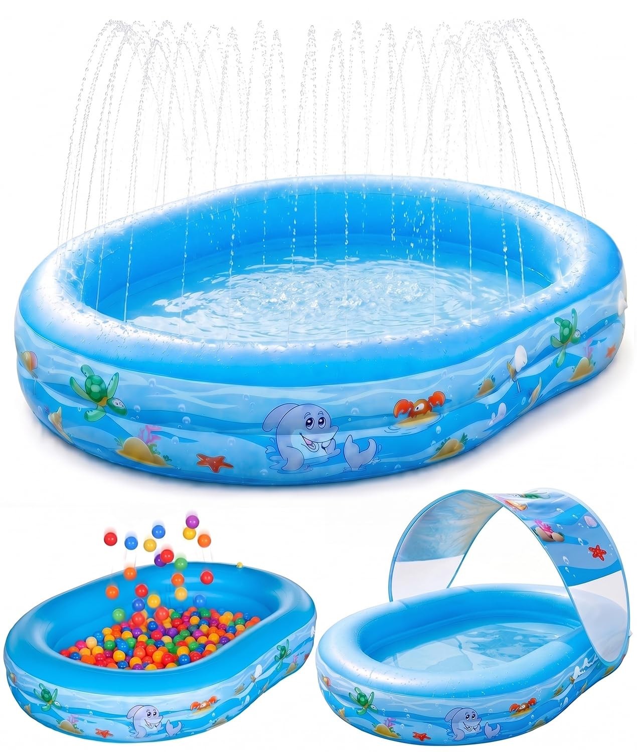 Inflatable Kids Pool 65 x46 Canopy Sprinkler Baby Swimming Learn2M 65×46 Water