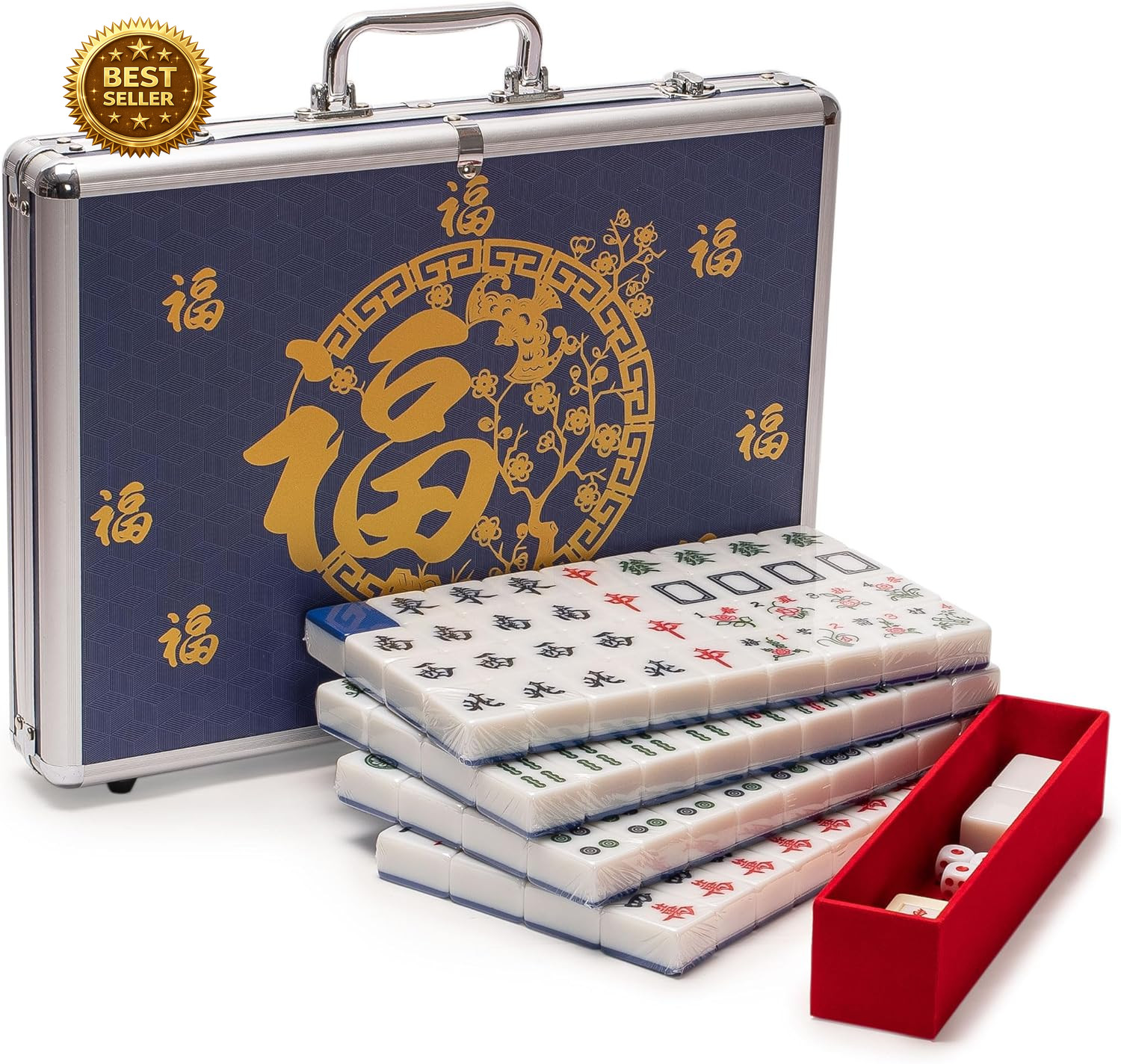 Chinese Mahjong Set 146 Large Tiles Aluminum Case Wind Indicator Dice