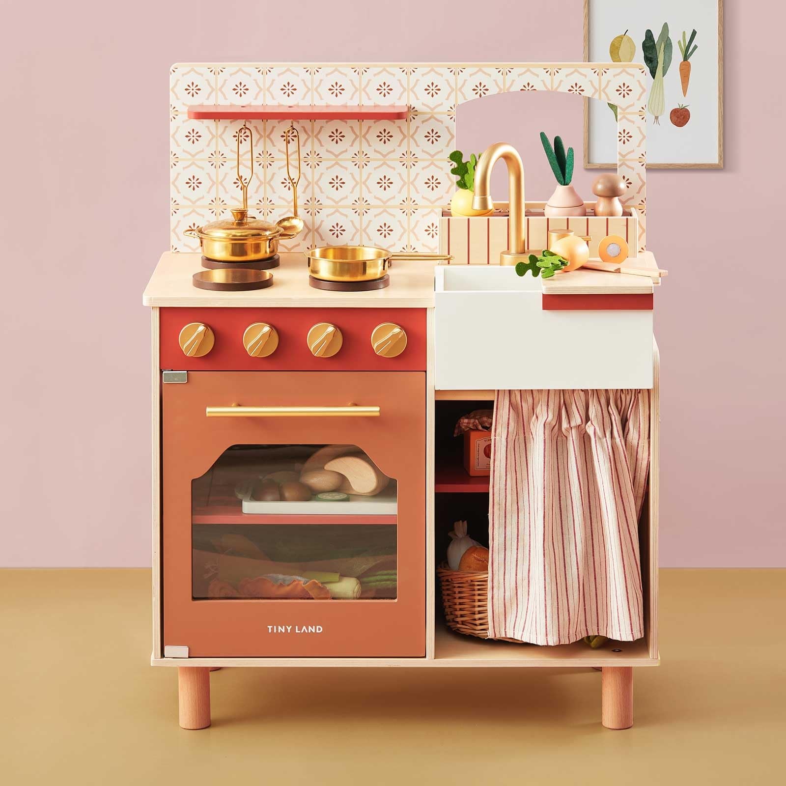 Wooden Play Kitchen Toddler Warm Retro Design 23 L x 12 W 29 H Tiny Land