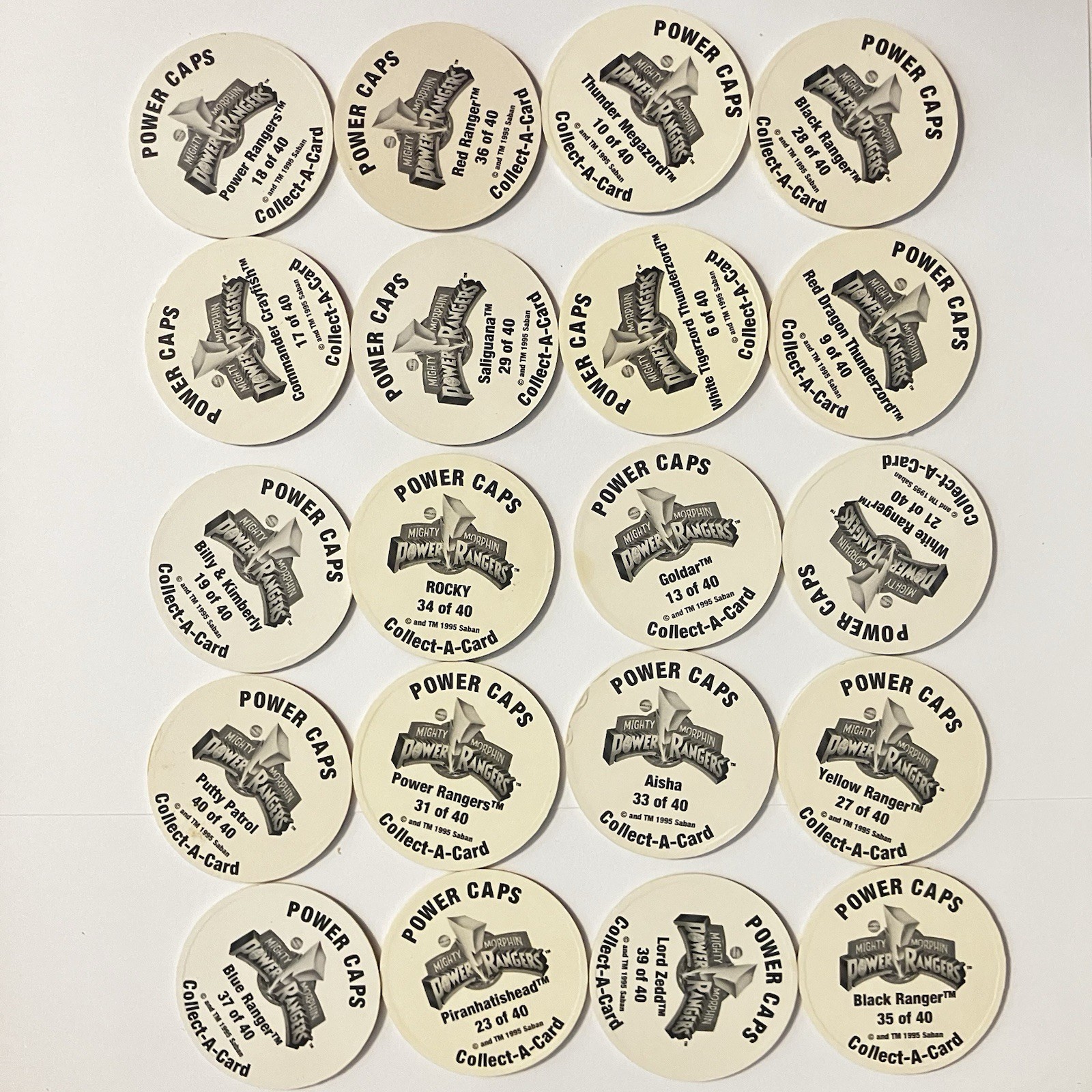 Lot of 20 Pogs Mighty Morphin Power Rangers Pogs from 1995 Saban Power Caps