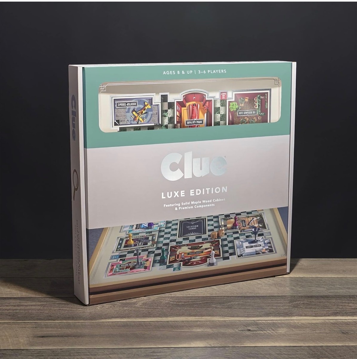Clue Luxe Edition Board Game with solid maple wood cabinet