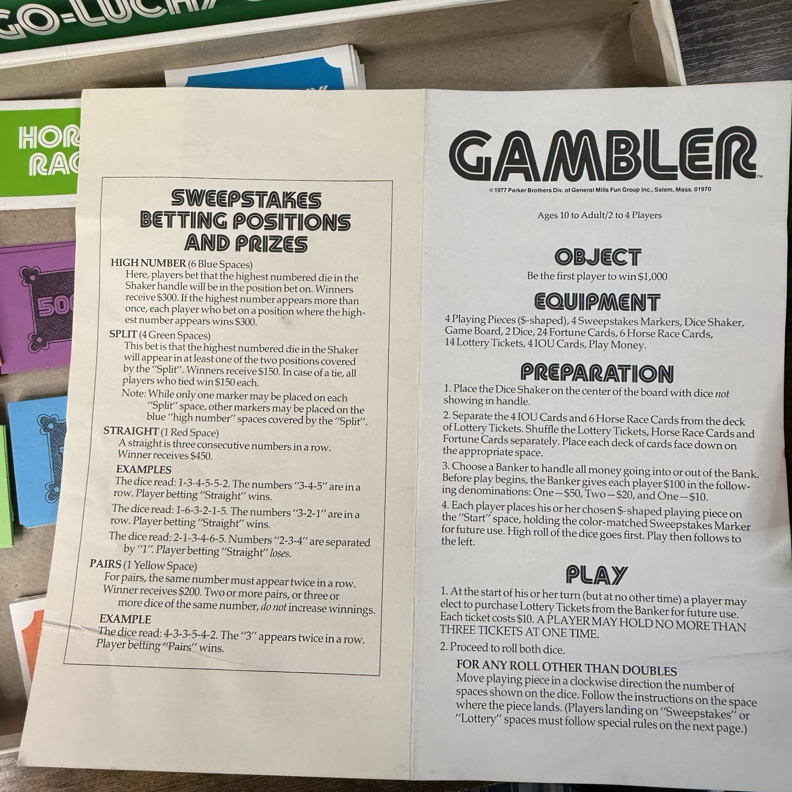 VINTAGE Gambler COMPLETE Parker Brothers 1977 Classic Game of Chance Luck Notes