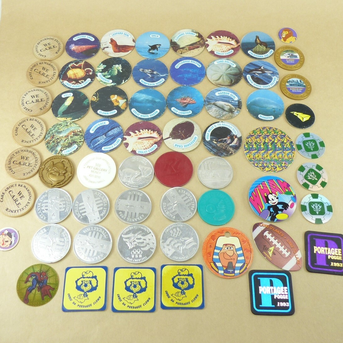 Junk Draw Lot of Coin Tokens from the 1990s. Metal, Plastic, Cardboard, Wood