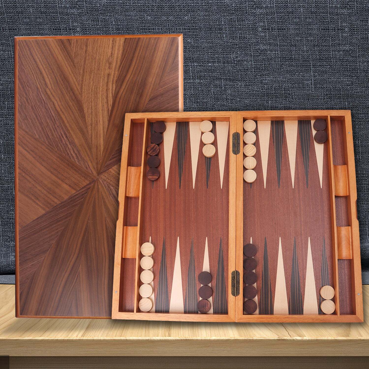 Classic 21″ Large Wood Backgammon Board Game Set. Inlay Focus Board w/Game Piece