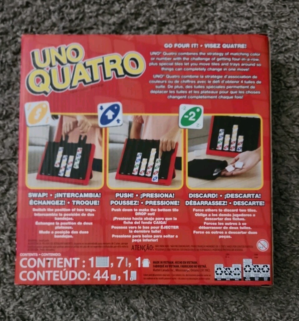 Uno Quatro Game Adult Family Game Night Mattel Board Game Strategy Ages 7+