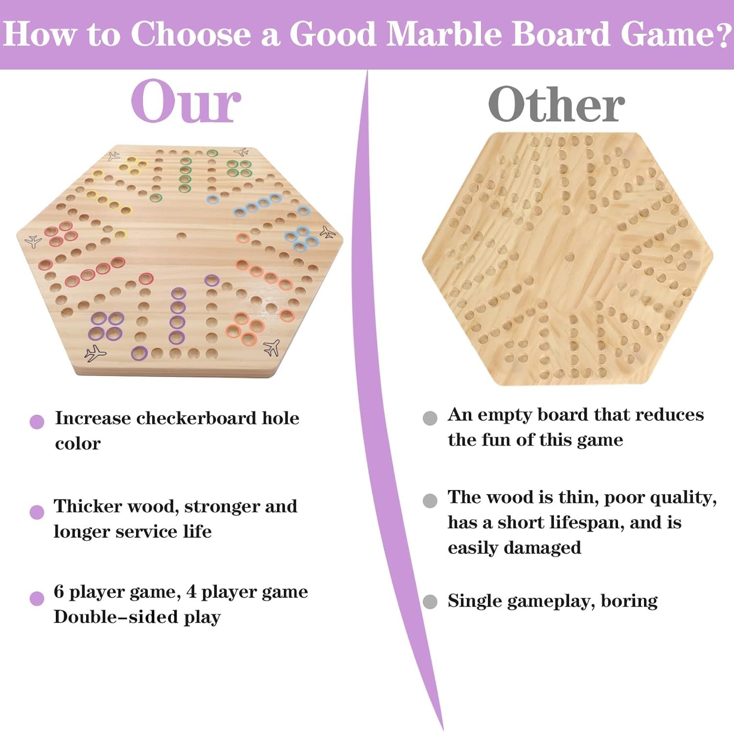 Wooden Fast Track Board Game 15 Inch Double-Sided 4-6 Players 30 Marbles Dice 6P