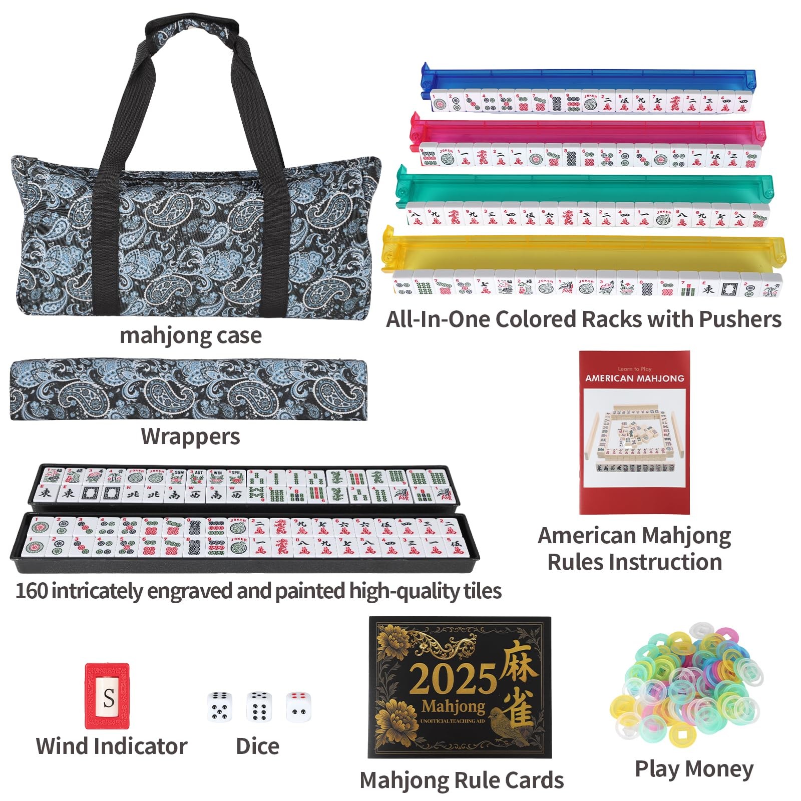American Mahjong Tiles Set with Mah Jong 9 inches by 20 inches, Black