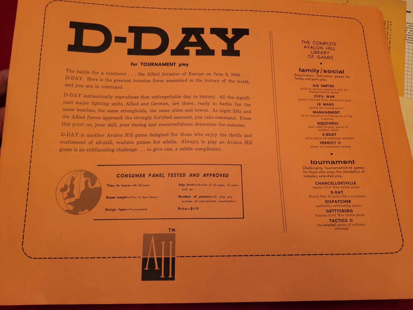 1961 Avalon Hill D-Day 508 World War II Board Game Realistic Tournament Complete