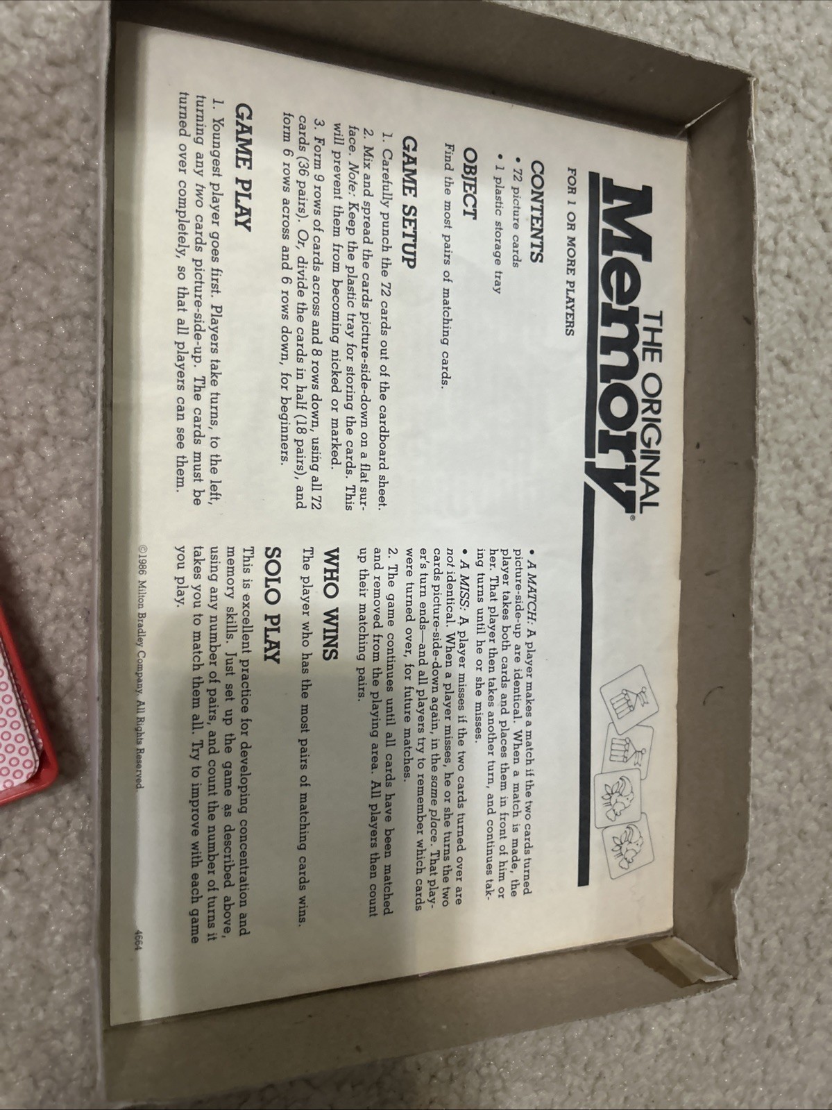 Vintage Milton Bradley 1989 Kids The Original Memory Matching Card Game