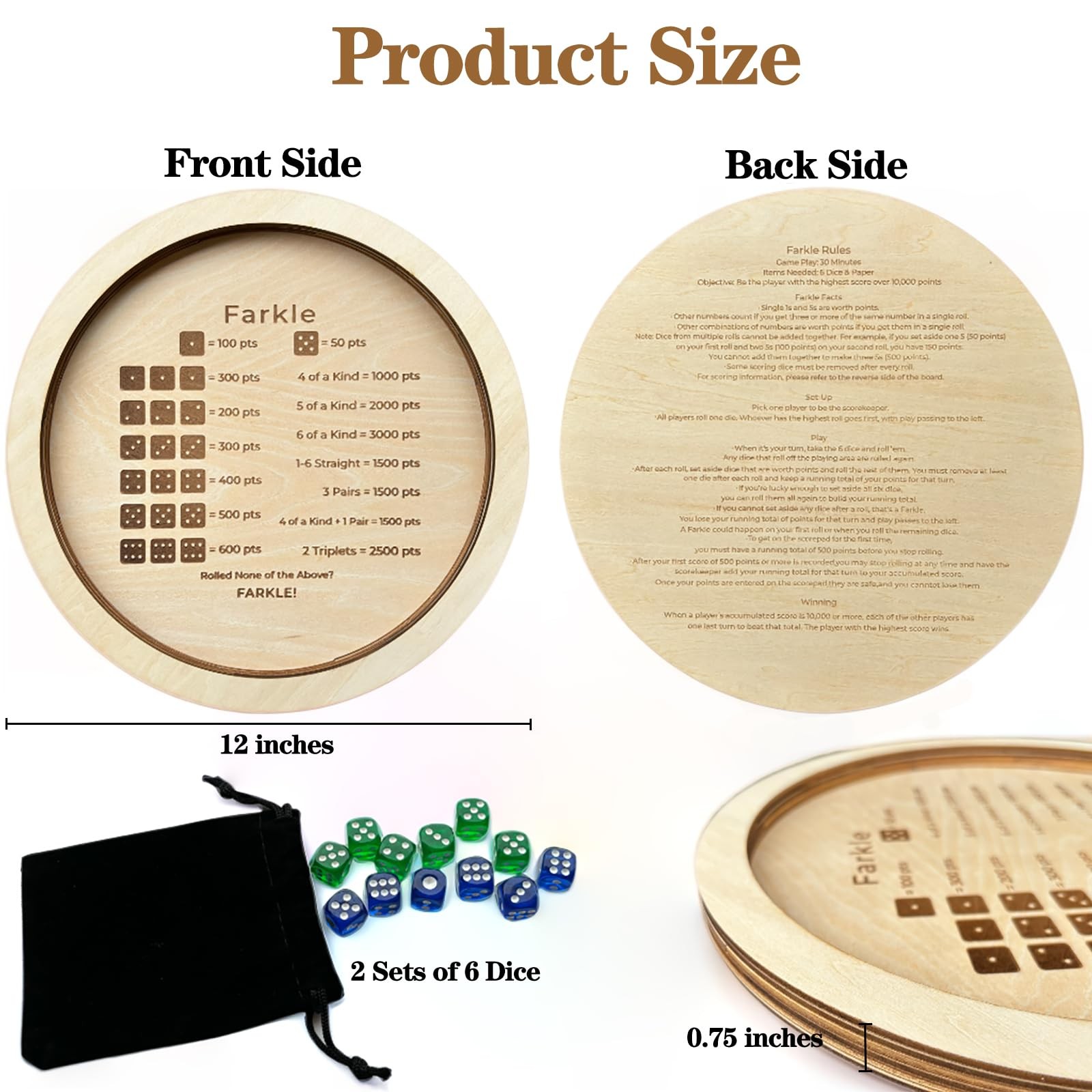 Farkle Dice Tray, Farkle Dice Game with Tray and 2 Sets of 6 Dice, 12″ Wooden…