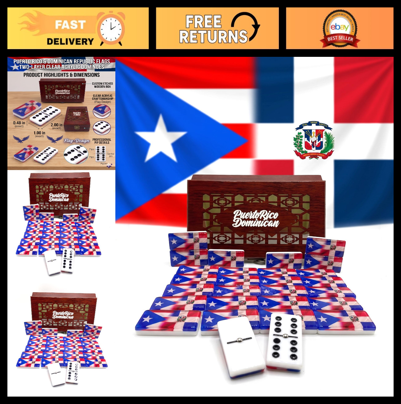 Premium Double Six Dominoes Set – Puerto Rico & Dominican Republic Flags – Resin