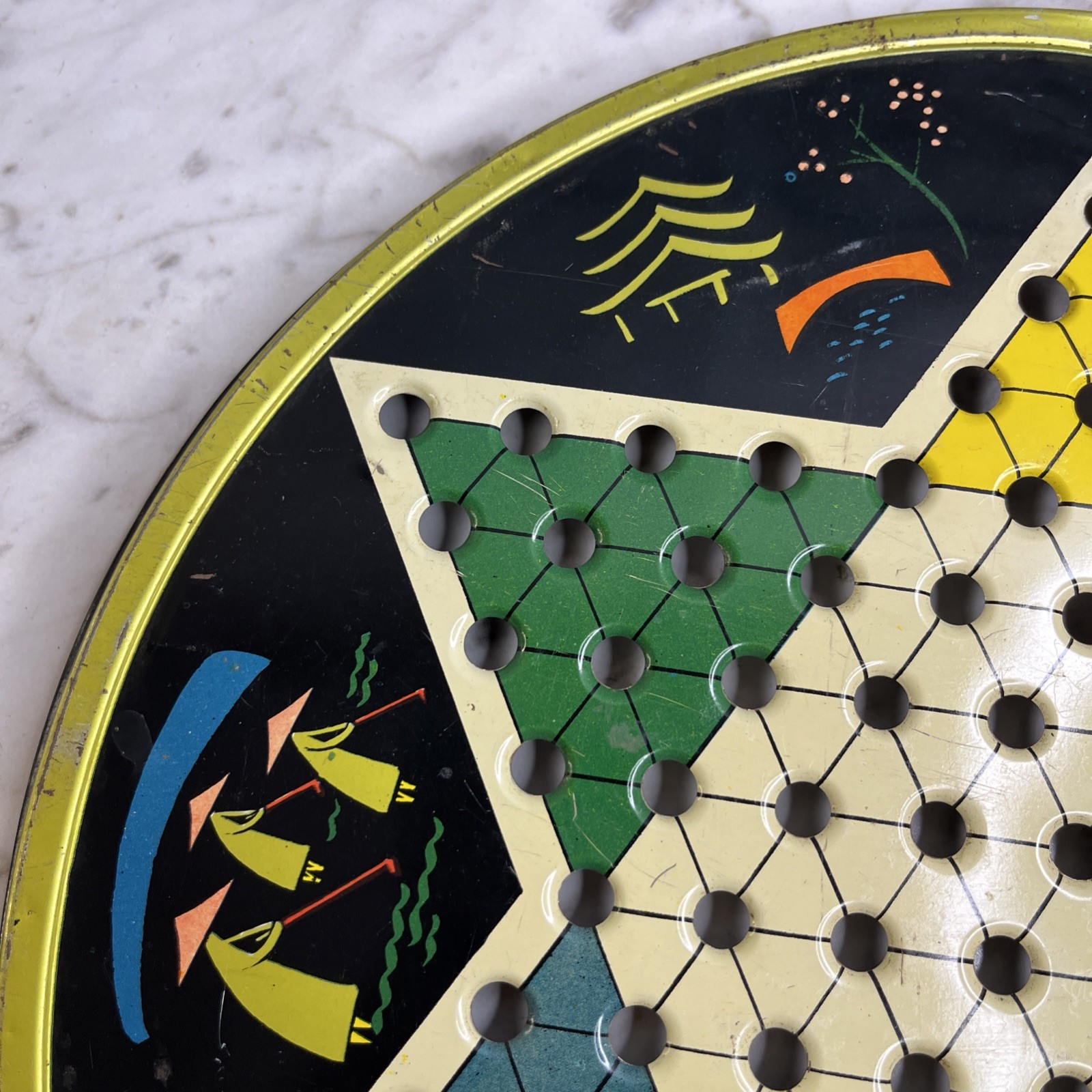 Vintage Pressman Toy Corp Chinese Checker Board Round Metal Multicolor 1153 USA