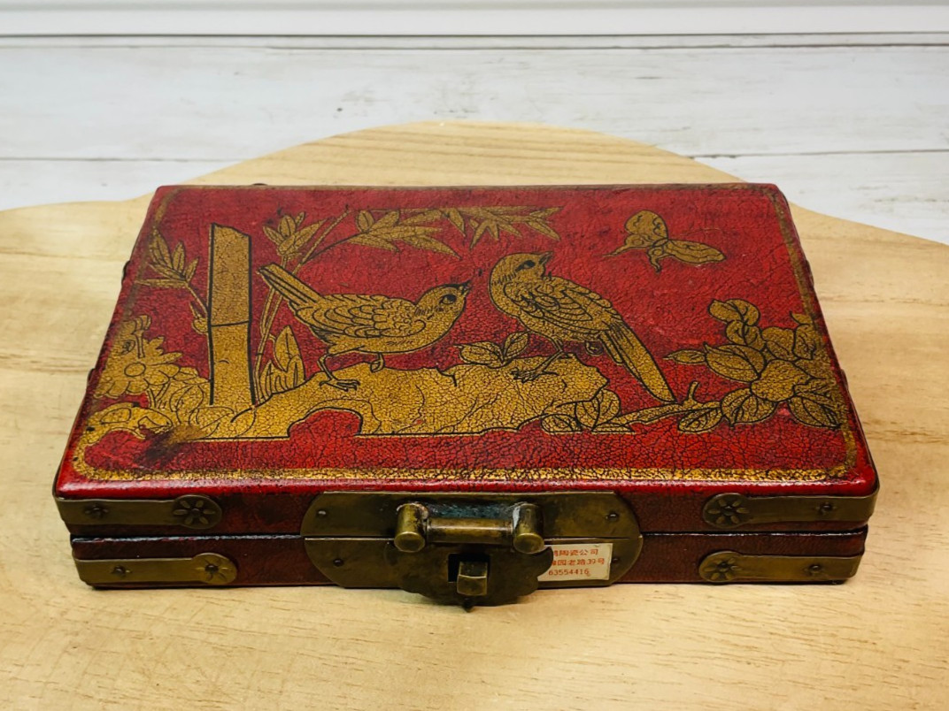 Vintage Chinese Lacquer Domino Set 28 Tiles Brass Box Birds Bamboo Asian Decor