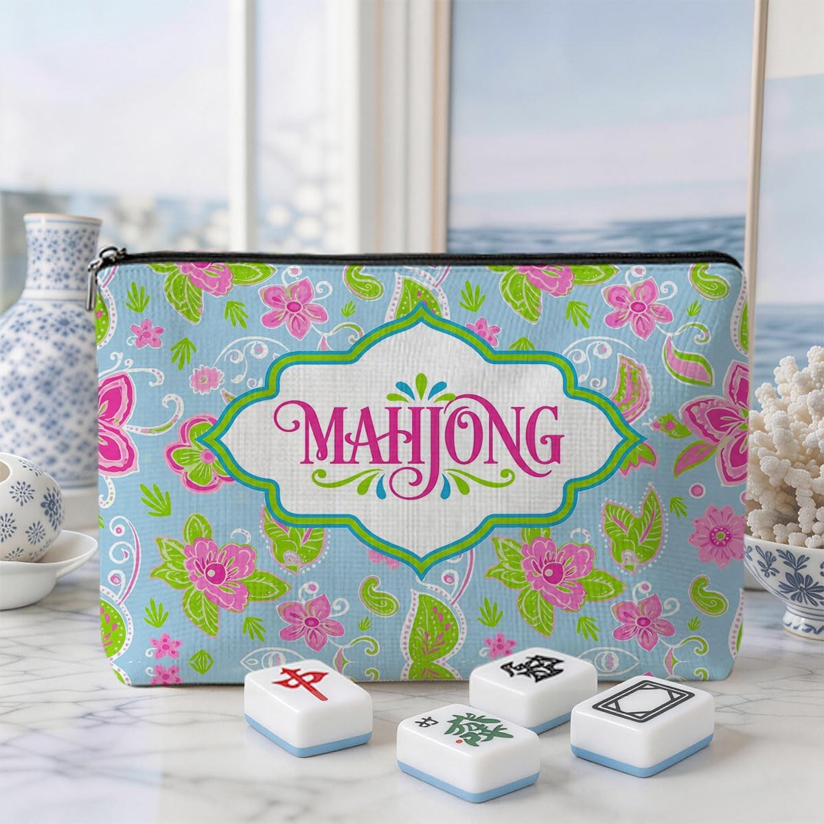 Mahjong Tile Bag Pink Floral American Mahjong Bag Makeup Bags (Case Only) | Thic