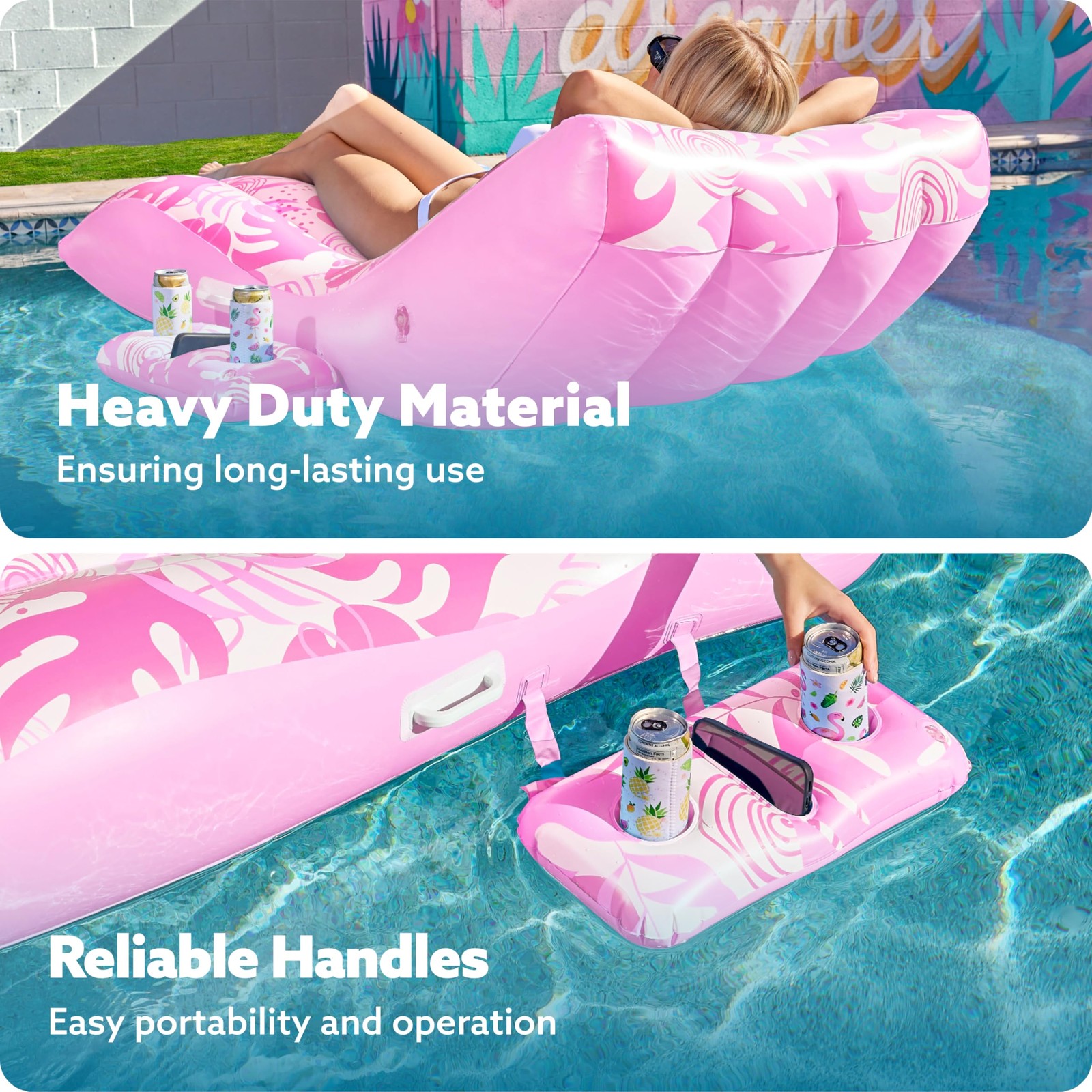 Inflatable Pool Float Chair Heavy Duty Lounger Cup Holder Pink SLOOSH Floats