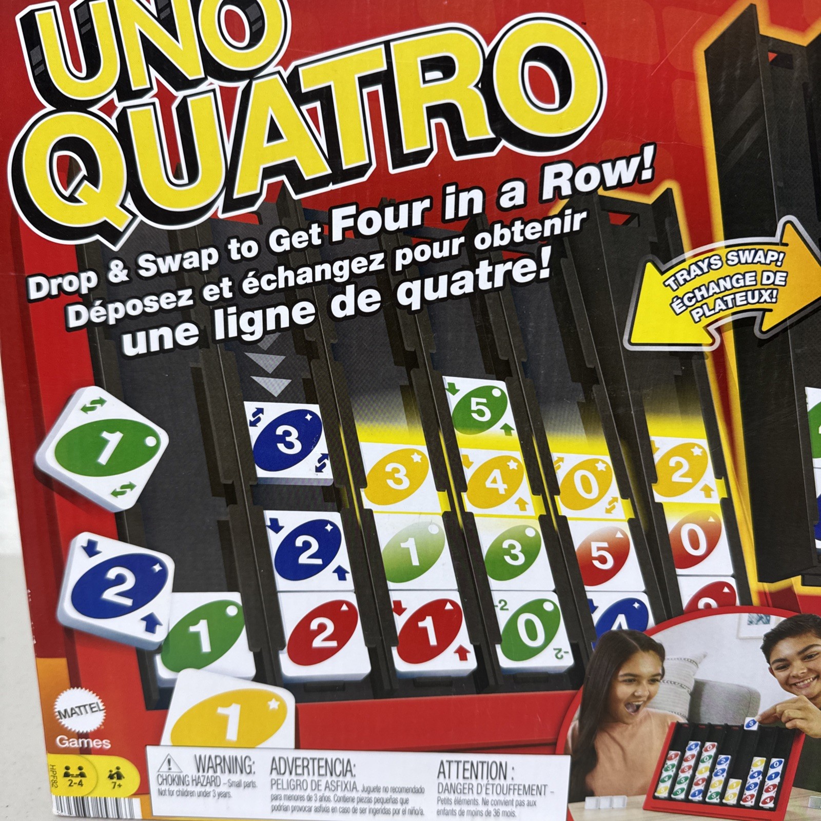 UNO Quatro Game with Colored Tiles & Plastic Game Grid for Adults/Family