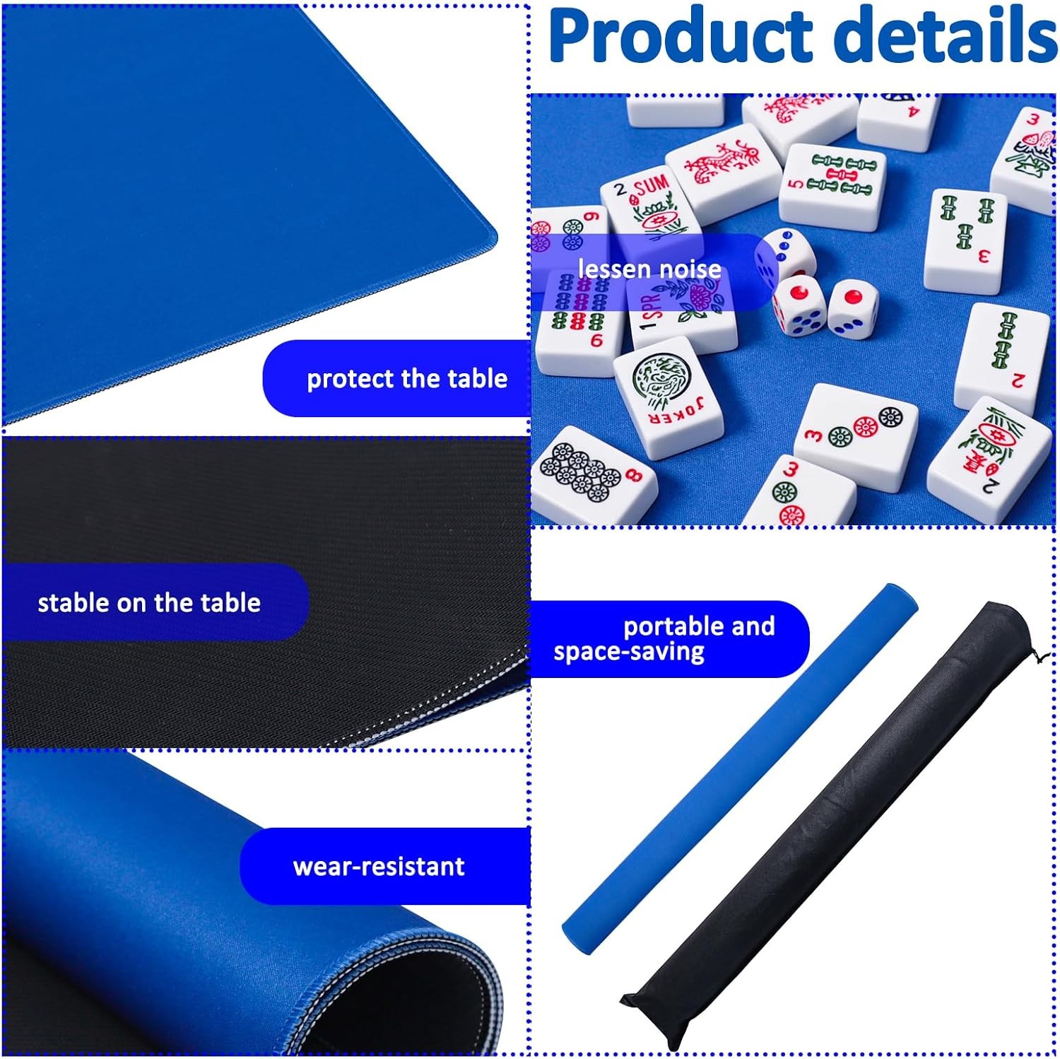 Large Mahjong Mat W/ Black Carrying Bag Blue,31.5 inches Anti Slip & Noise