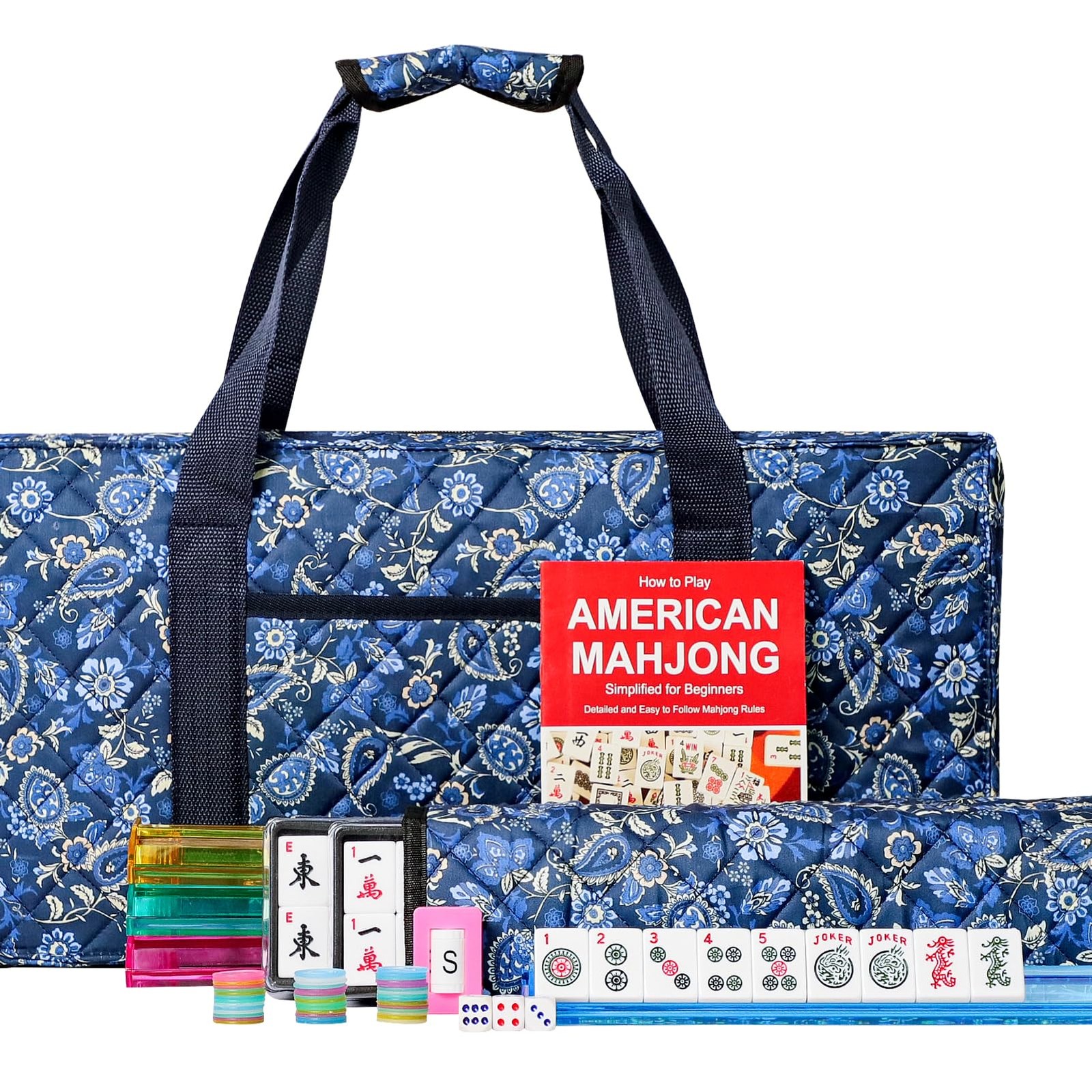 American Mahjong Set with Blue Carrying Bag, 166 White Tiles, 4 All-in-One Ra…