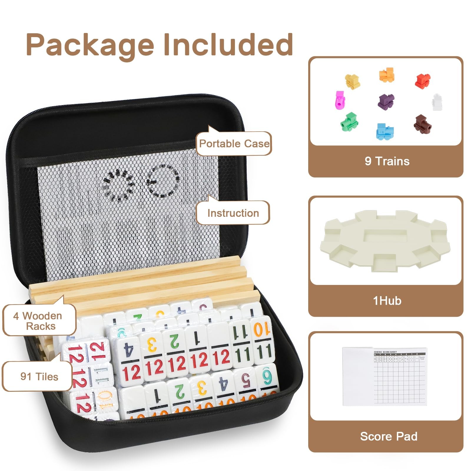 Mexican Train Dominoes Set with Numbers and 4 Wooden Trays/Racks, Double 12 Domi