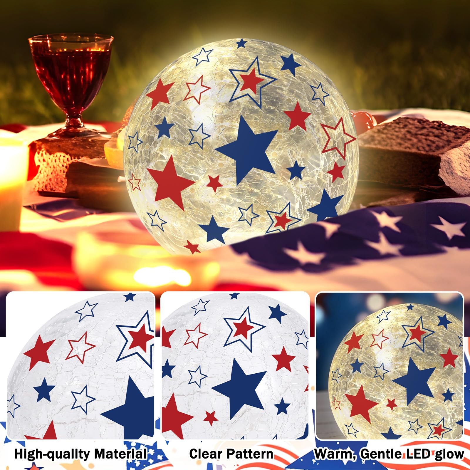 Patriotic Lighted Decorative Glass Ball 4th of July Party Decoration 4.7/6 in