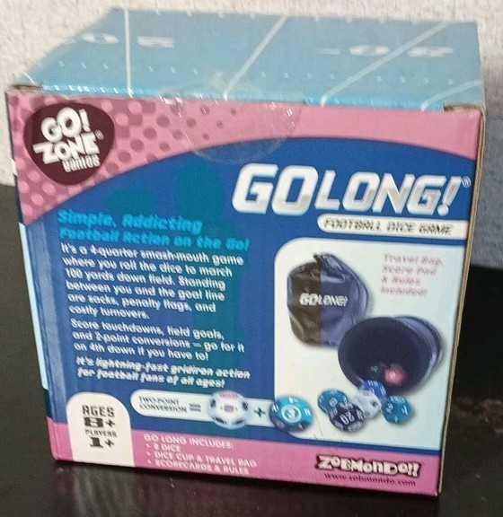 Go Long Football Dice Game Go! Zone Games Travel Ages 8+ New
