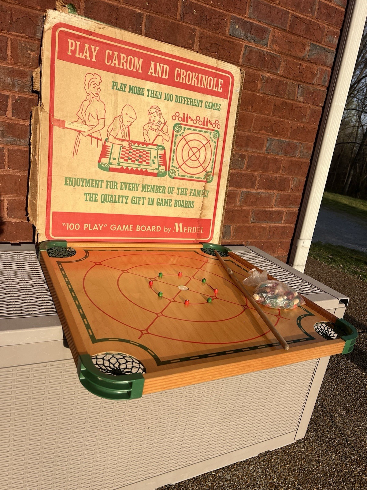 Vintage Merdel 28″ Carom Crokinole Game Board Double Sided Box Full Size READ