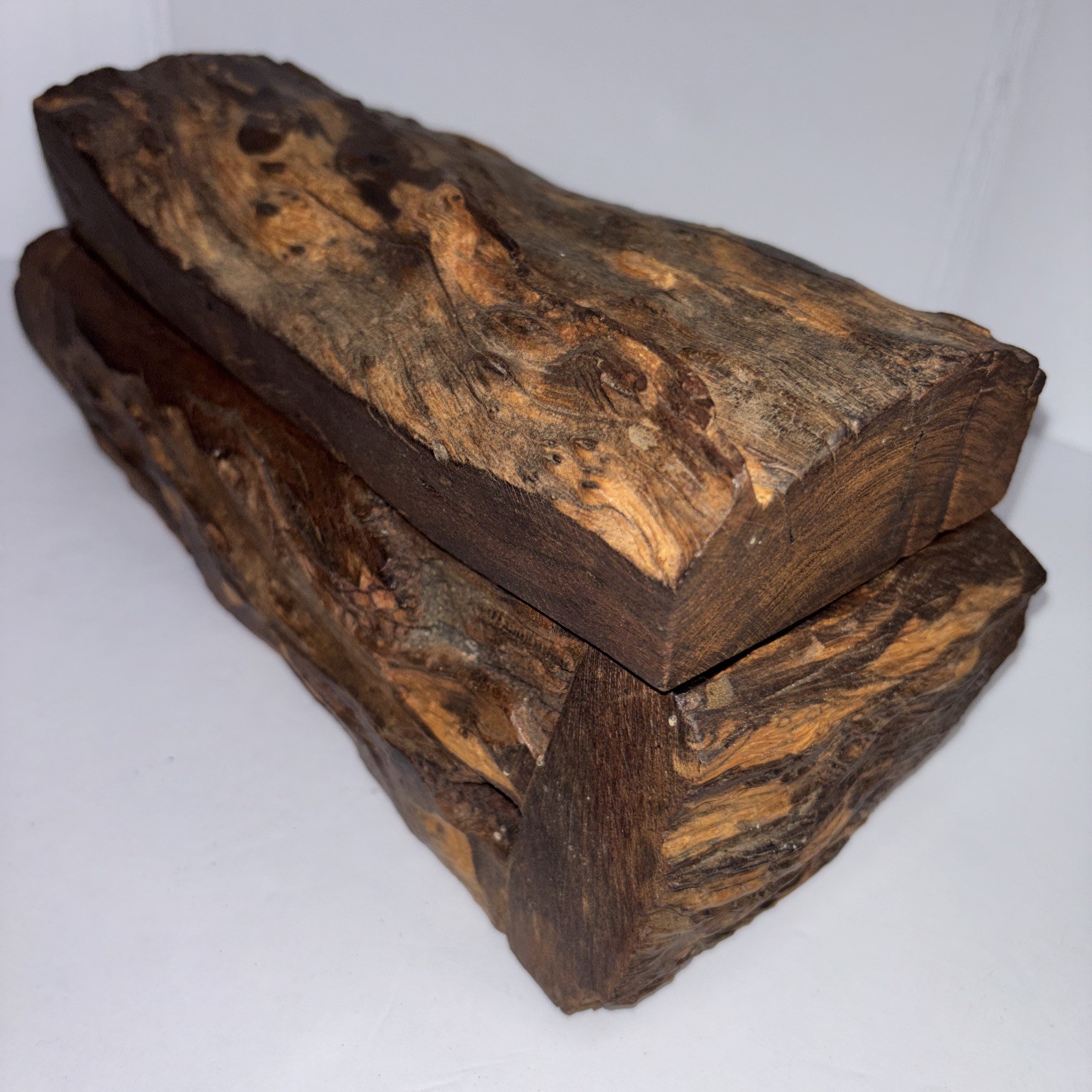 Vintage Hand Carved Wooden Domino Set Rustic Log Box Complete Game Set