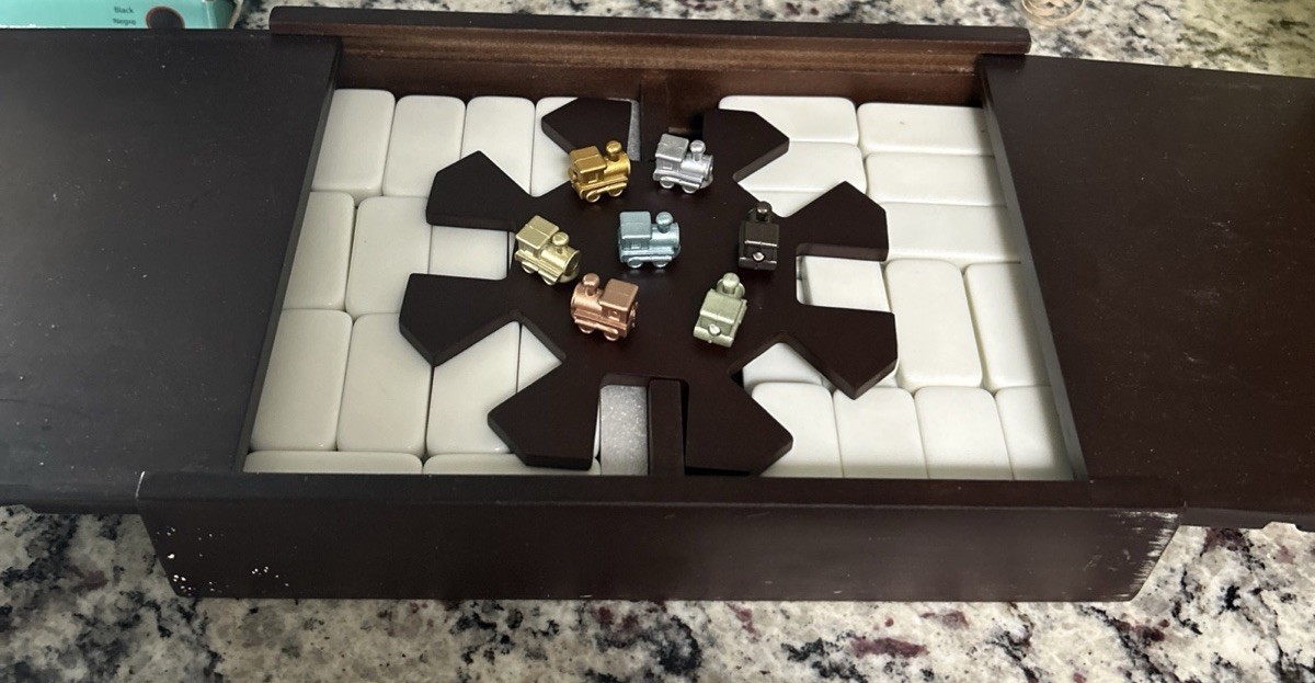 Excalibur Mexican Train Dominoes in Solid Mahogany Wood Box