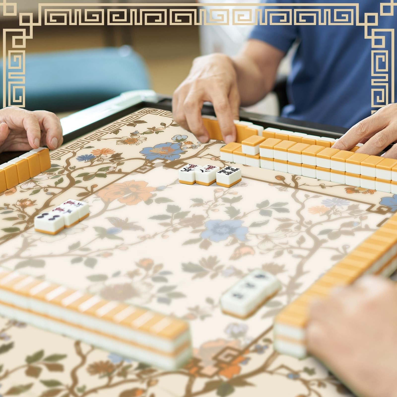 Chinoiserie Mahjong Mat 31.5″ x 31.5″ – Beige & White Anti-Slip Game Table Cover