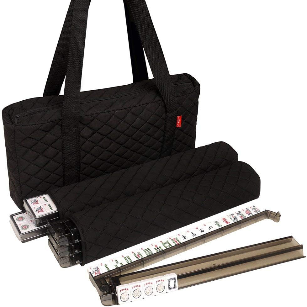 American Mah Jongg Set Black Quilted Soft Bag – 166 White Engraved Tiles, 4 All-