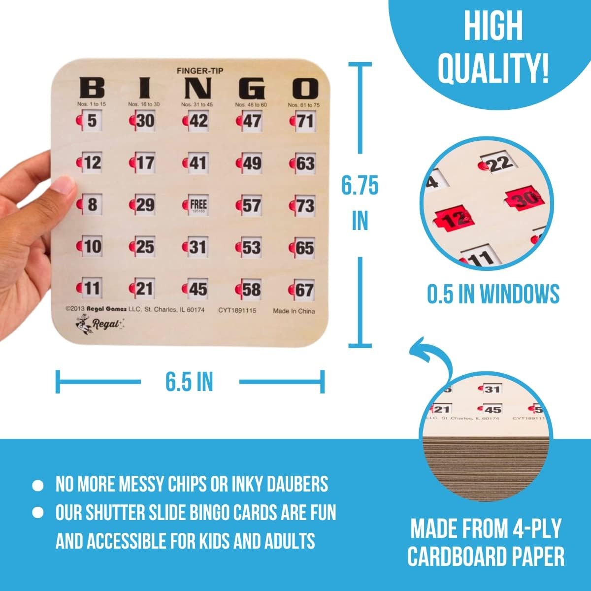 Regal Bingo Finger-Tip Shutter Bingo Cards Set w/Sliding Windows – 25 Bingo S…