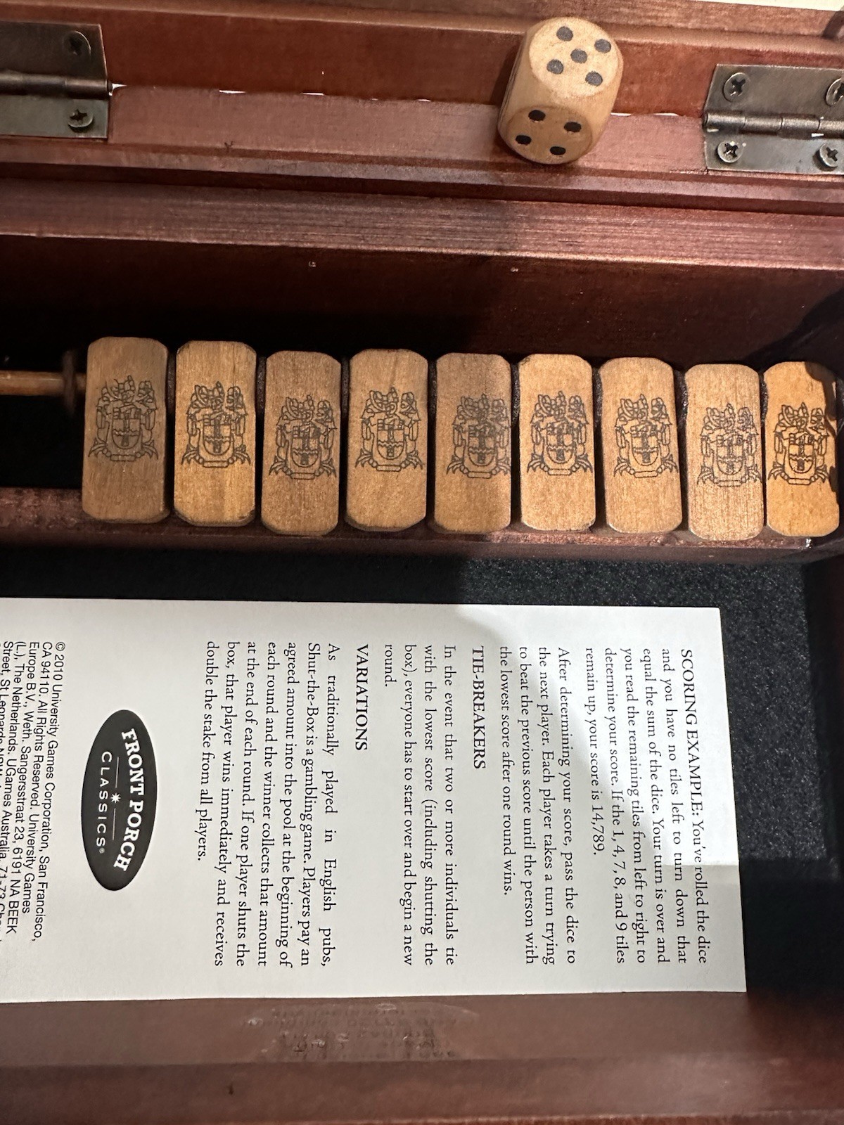 Line Etched Box Vintage Shut The Box Front Porch Board Game W/ Dice 2010