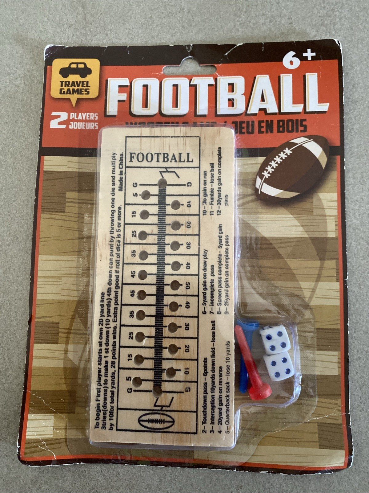 NEW-Wooden Travel Football Game Pegs & Dice-2 Player-Ages 6+