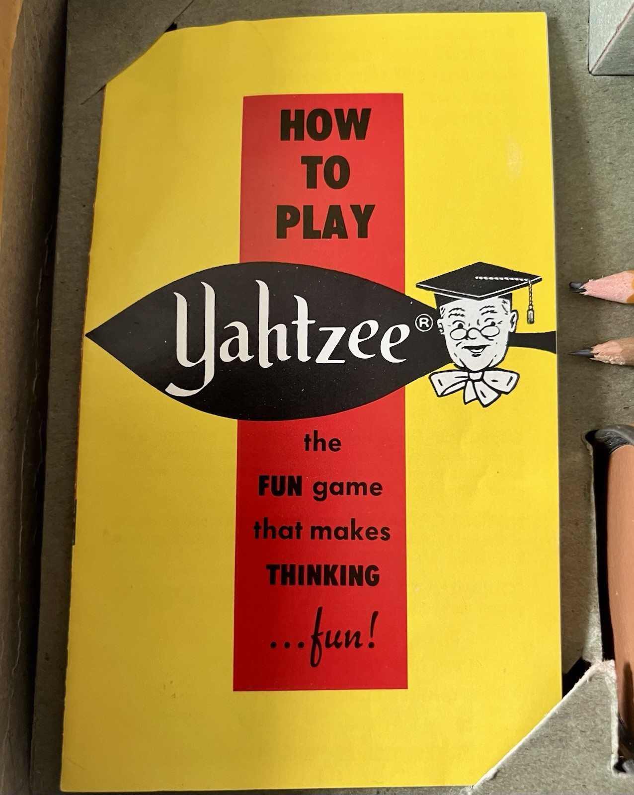 Vintage 1956 Yahtzee Complete E.S. Lowe Dice Game w Dice Cup Box Manual VG! MCM