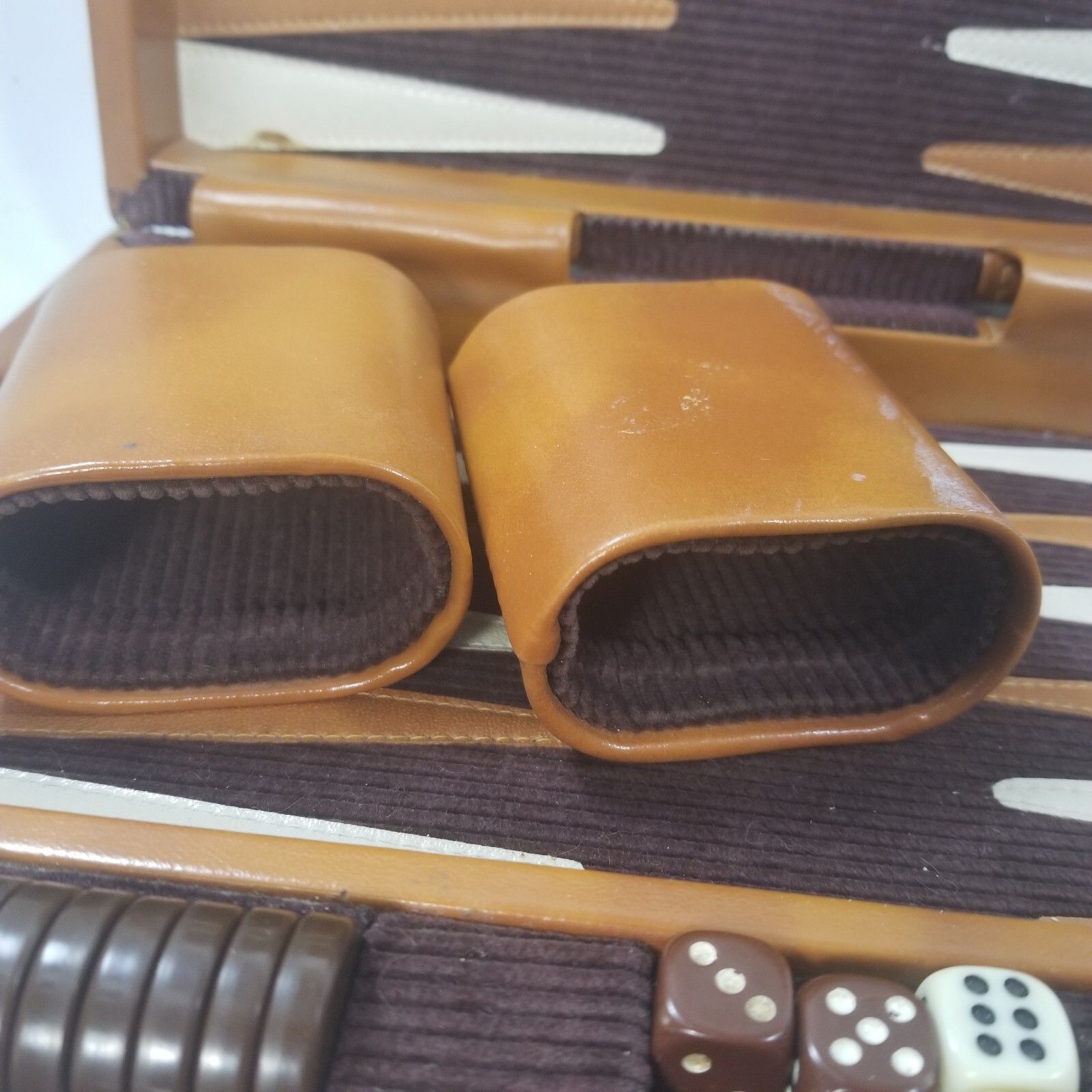 Vintage Leather Corduroy Bakelite Pieces Travel Backgammon Box Set Dice