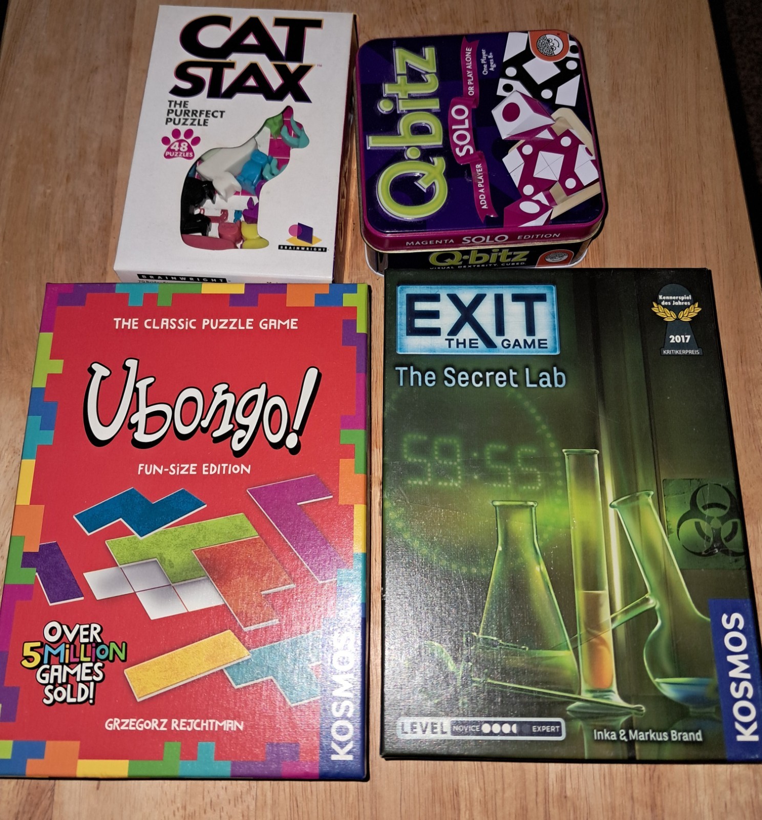 Lot 4 Brain Teaser Puzzle Games Ubongo,Cat Stax,Q-bitz & Exit 1+ Player Complete