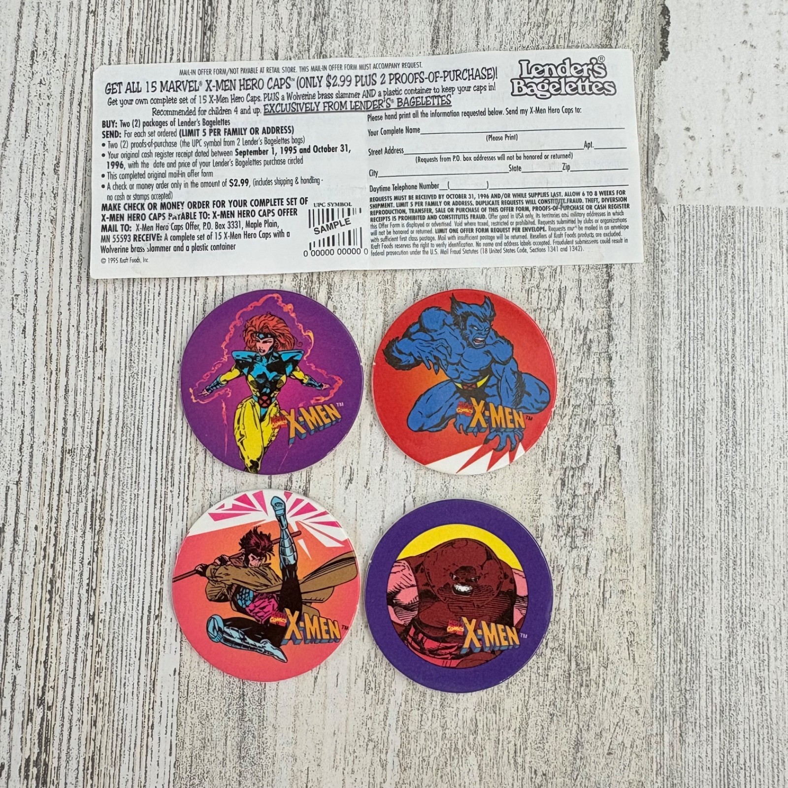 X-men Hero Caps Lot 4 Lenders Bagels Wolverine Jean Grey Beast Gambit Pog 1995