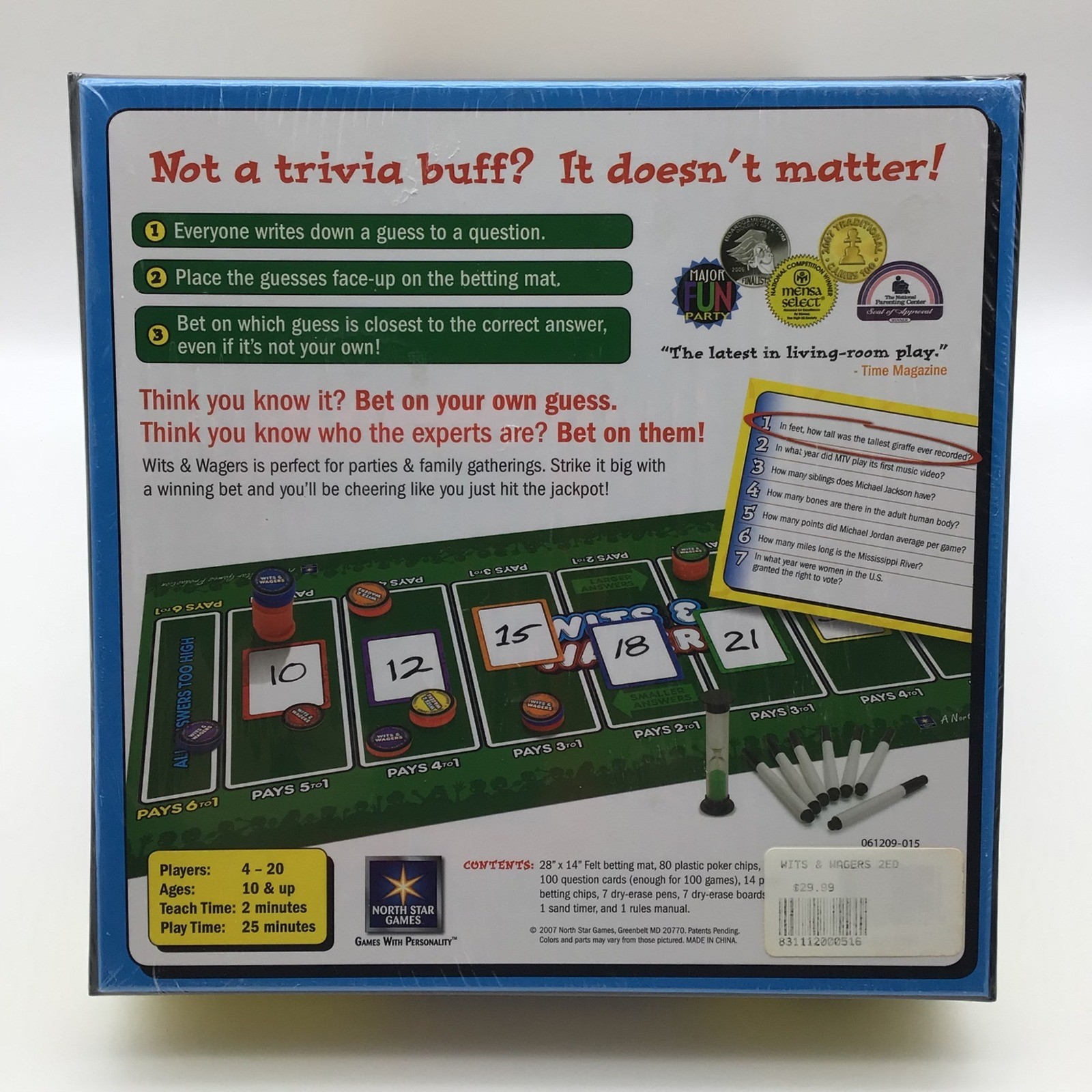 Wits & Wagers Party Game of the Year Fun Trivia Board Game 2007 New Sealed