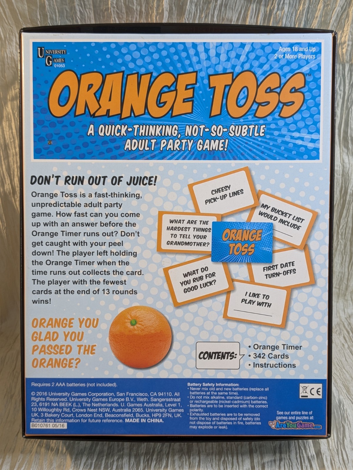 Orange Toss An Adult Party Game by University Games 2016 Timed Card Game 18+