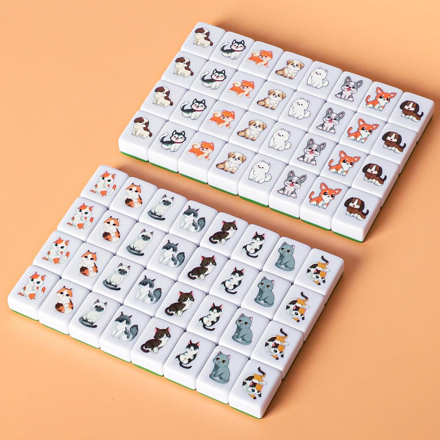 4 Players Mahjong Block Set, 128 Green Tiles(1.18”) with Animal and Food Pattern